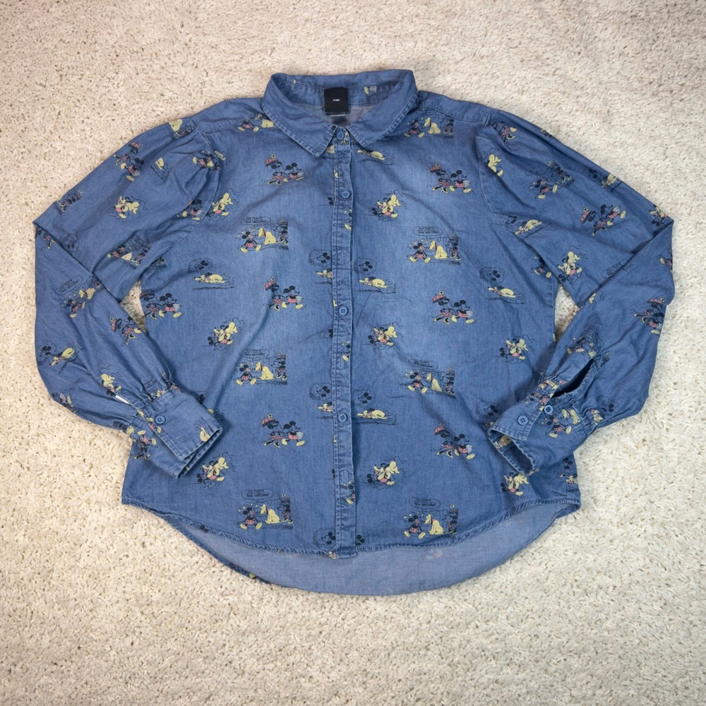 Disney Her Universe Mickey Mouse Button Down Shirt Womens Large Blue Chambray